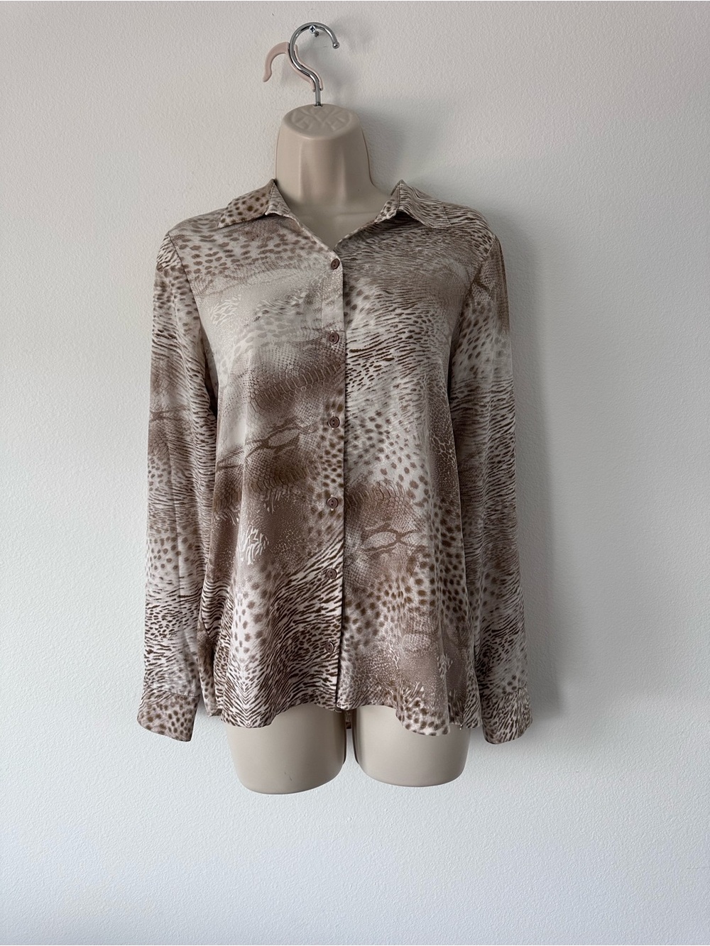 Neutral Animal Print Button-Up Blouse - Taupe & Creamy